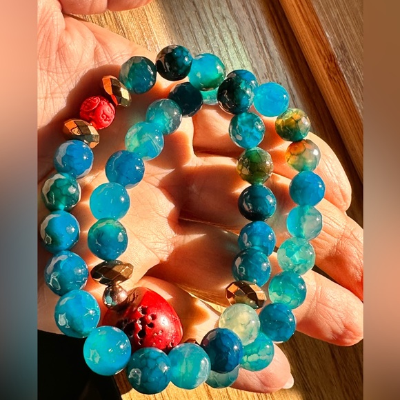 RED CORAL + DRAGON VEINS AGATE NATURAL STONES BRACELET size 7”,8” - Picture 12 of 13